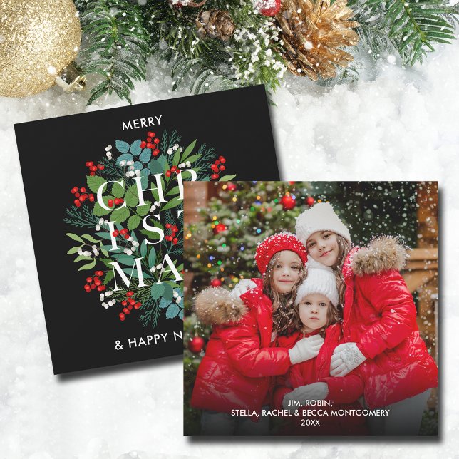 Tarjeta Festiva Christmas Greens and Berries Photo (Christmas Greens and Berries Photo Cards 5.25" square TAKES EXTRA POSTAGE, mail in 5" x 7" to avoid)