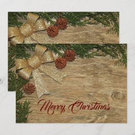 Tarjeta Festiva Christmas Greeting Golden Bow Green Leaves Red