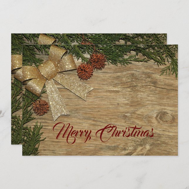 Tarjeta Festiva Christmas Greeting Golden Bow Green Leaves Red (Anverso / Reverso)