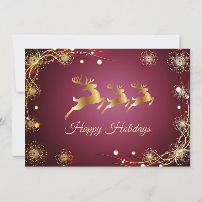 Tarjeta Festiva Christmas Greeting Golden Reindeers Red Pink (Anverso)