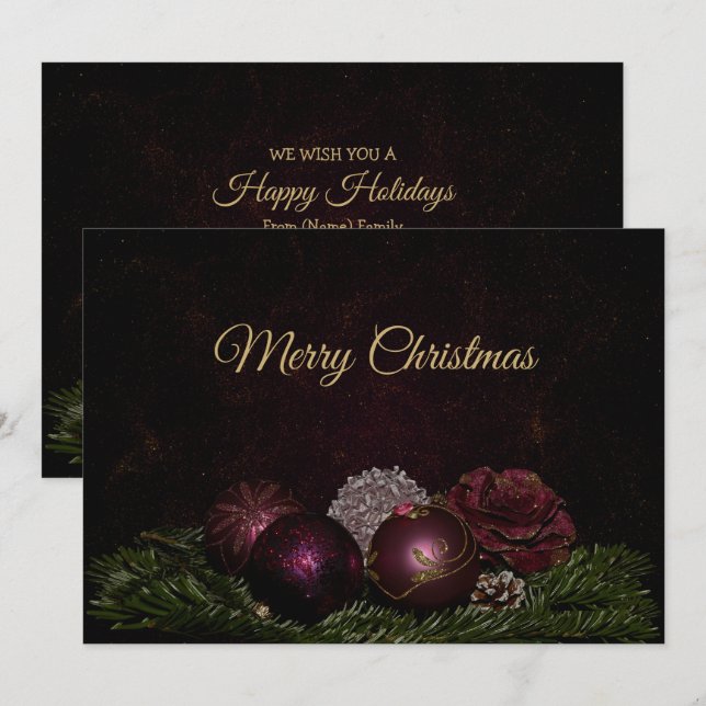 Tarjeta Festiva Christmas Greeting Pink Ornaments Green Leaves (Anverso / Reverso)