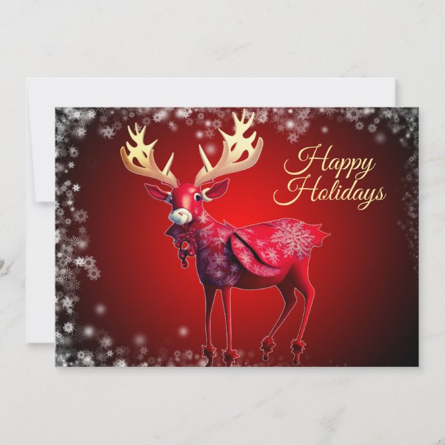 Tarjeta Festiva Christmas Greeting Red Reindeer Holidays Cute (Anverso)