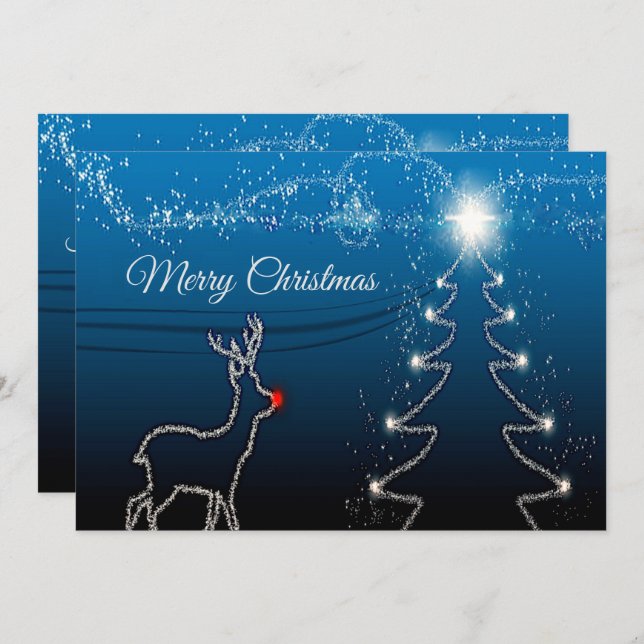 Tarjeta Festiva Christmas Greeting Reindeer Tree Blue Sky Shiny (Anverso / Reverso)