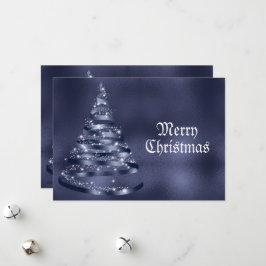 Tarjeta Festiva Christmas Greeting Shiny Blue Ribbon Tree Sparkle
