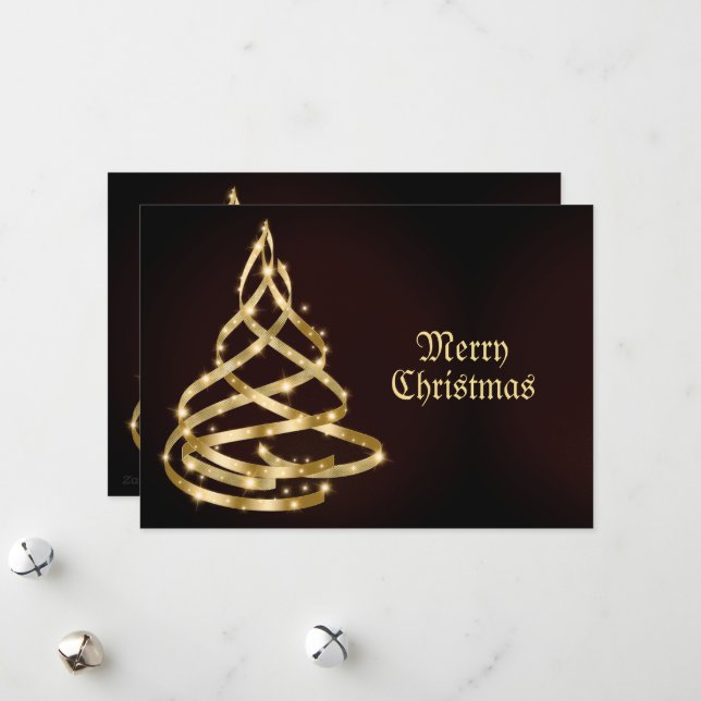 Tarjeta Festiva Christmas Greeting Shiny Golden Ribbon Tree (Anverso/Reverso In Situ)