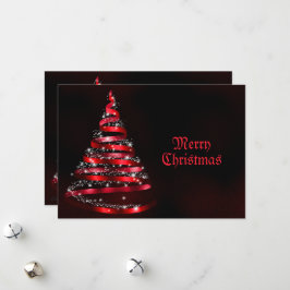 Tarjeta Festiva Christmas Greeting Shiny Red Ribbon Tree Sparkle