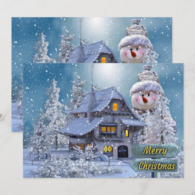 Tarjeta Festiva Christmas Greeting Winter White Snowman Blue  (Anverso / Reverso)