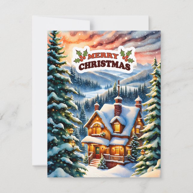 Tarjeta Festiva Christmas Greetings from the Snowy Mountain Cabin (Anverso)