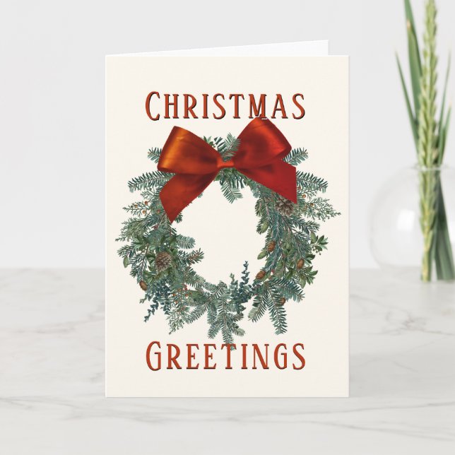 Tarjeta Festiva Christmas Greetings Green Wreath Red Bow  (Anverso)