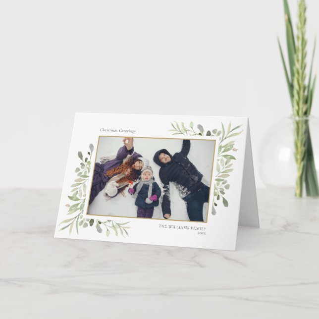 Tarjeta Festiva Christmas Greetings Modern Photo Elegant Greenery (Anverso)