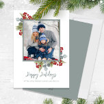 Tarjeta Festiva Christmas Happy Holidays Elegant Red Holly Berries<br><div class="desc">This design features Christmas holiday red holly berries, with photo 1 one family picture layout, botanical greenery winter foliage, a watercolor red green blue silver, elegant pine branch twig branches, classic traditional eucalyptus leaves, and-lettered script calligraphy, with modern calligraphy script font, modern elegant simple trendy, a lovely Christmas holiday photo...</div>