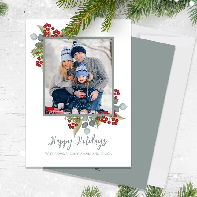 Tarjeta Festiva Christmas Happy Holidays Elegant Red Holly Berries (Happy Holidays cute calligraphy script eucalyptus greenery photo greeting card)