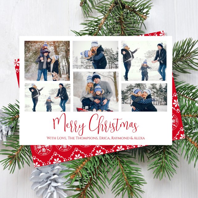 Tarjeta Festiva Christmas Holiday Multi 6 Photo Red Snowflake (Merry Christmas cute calligraphy script multi photo card with red snowflake pattern. )