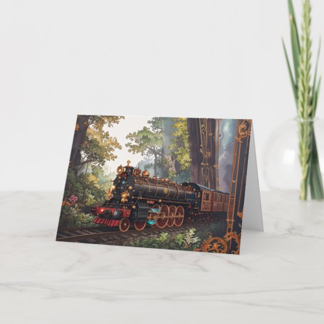 Tarjeta Festiva Christmas Holiday Victorian Elegant Steam Train  (Anverso)