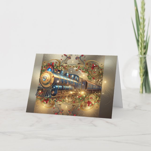 Tarjeta Festiva Christmas Holiday Victorian Elegant Steam Train  (Anverso)