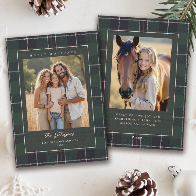 Tarjeta Festiva Christmas Holidays Green Plaid Tartan 2-Photo Card (plaid tartan christmas photo card elegant 2 photos traditional classic scottish green)