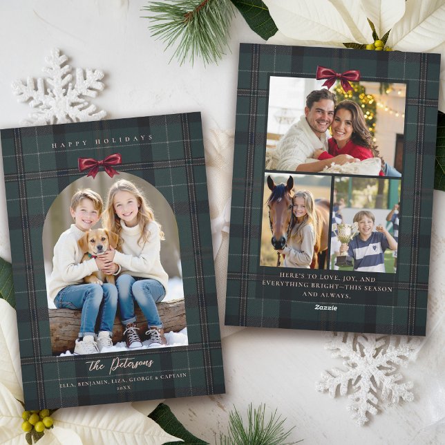 Tarjeta Festiva Christmas Holidays Plaid Tartan Arch Bow 4-Photo  (plaid tartan christmas photo card elegant 4 photos traditional classic scottish green red bow)