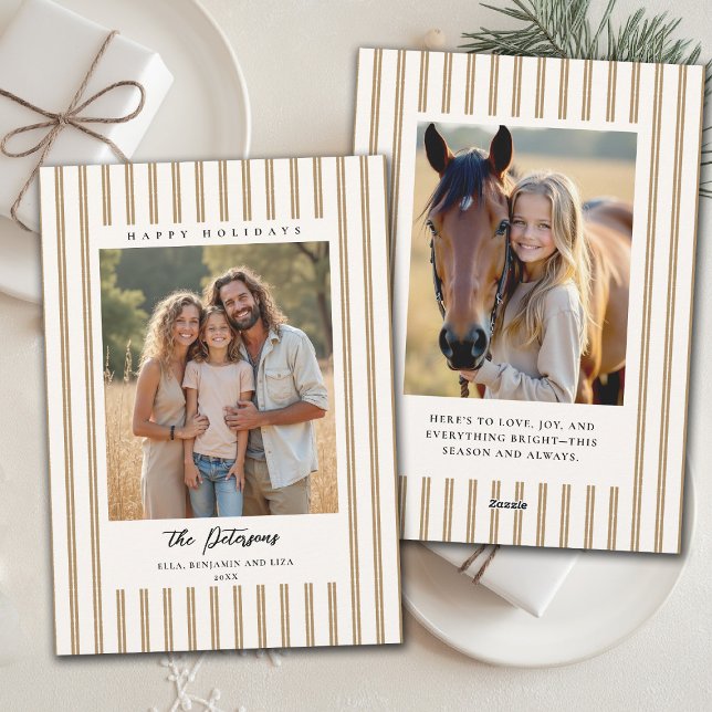 Tarjeta Festiva Christmas Holidays Taupe Stripes Earthy 2-Photo (family christmas photo card tan brown stripes modern minimalist contemporary earthy organic)