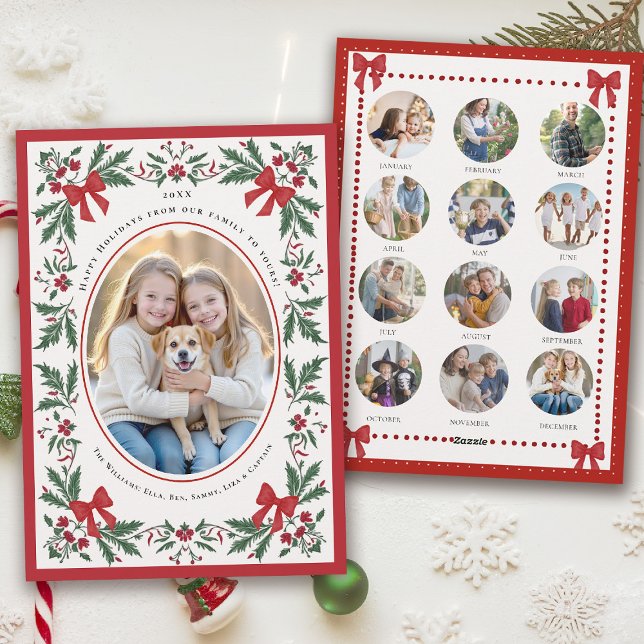 Tarjeta Festiva Christmas Holidays Whimsical Botanical Art Photo (hand painted christmas card whimsical watercolor greenery red bows frame year in review photo)