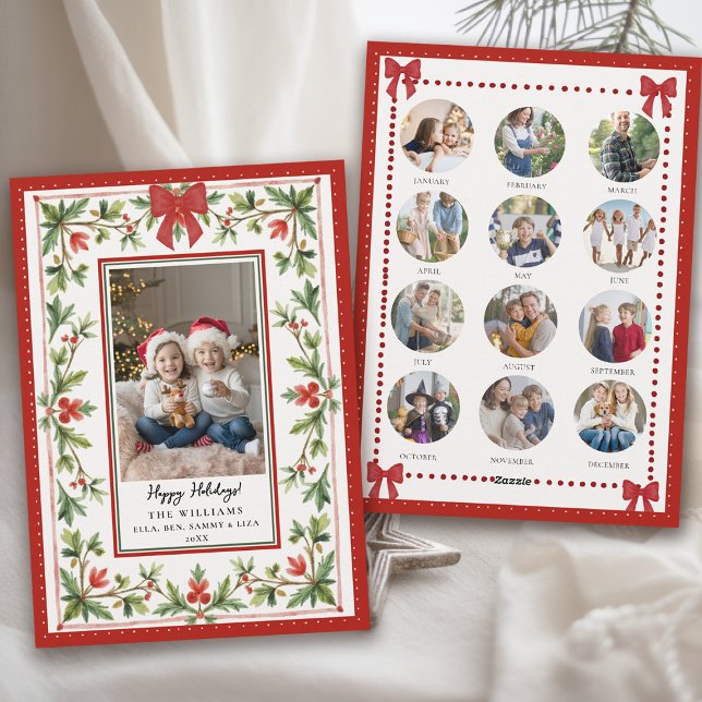 Tarjeta Festiva Christmas Holidays Whimsical Bow Botanical Photo (hand painted christmas card whimsical watercolor greenery red bow year in review photo)