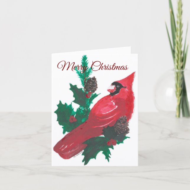 Tarjeta Festiva Christmas Holly & Cardinal Folded Holiday Card (Anverso)
