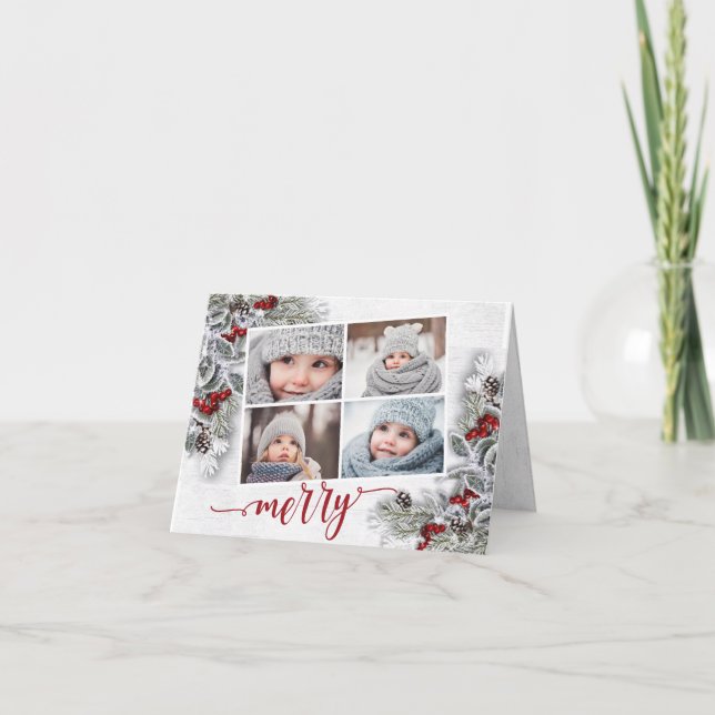 Tarjeta Festiva Christmas Holly Pine Rustic Photo Holiday Card (Anverso)