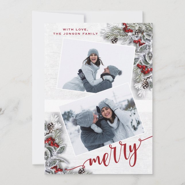 Tarjeta Festiva Christmas Holly Pine Rustic Photo Holiday Card (Anverso)