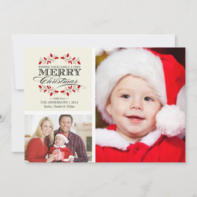 Tarjeta Festiva Christmas Holly Wreath Typography 2-Photo Card (Anverso)