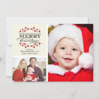 Tarjeta Festiva Christmas Holly Wreath Typography 2-Photo Card