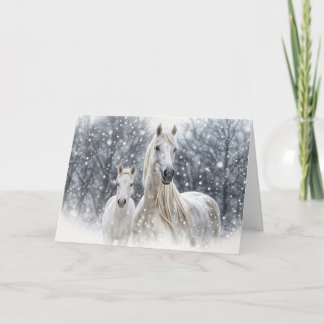 Tarjeta Festiva Christmas Horses White Mare and Foal in the Snow 