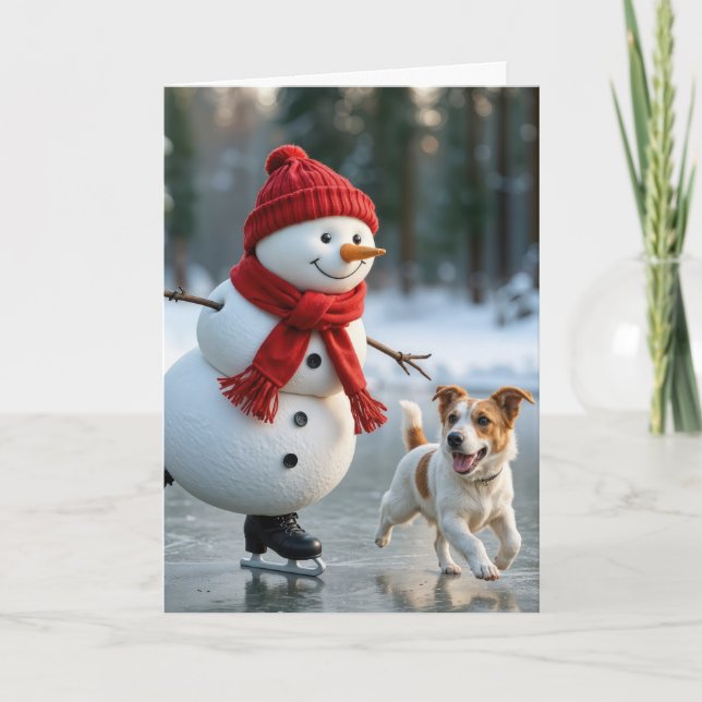 Tarjeta Festiva Christmas Ice Skating Snowman With Dog (Anverso)