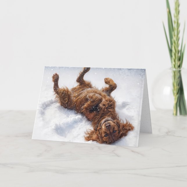 Tarjeta Festiva Christmas Irish Setter Making a Snow Angel (Anverso)