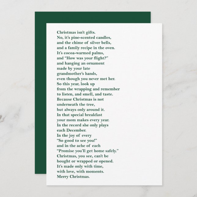 Tarjeta Festiva Christmas Isn't Gifts (Green) Non Photo Poem Card (Anverso / Reverso)