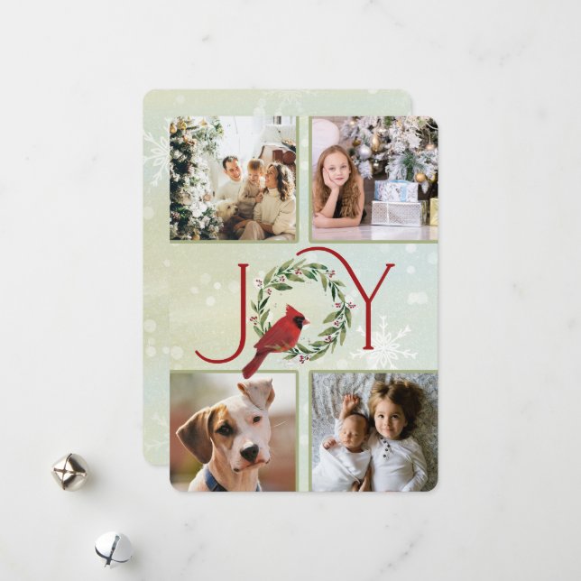 Tarjeta Festiva Christmas JOY Custom 4 Photos Cardinal in Wreath  (Anverso/Reverso In Situ)