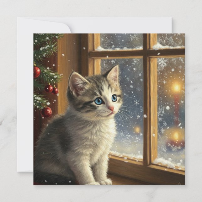 Tarjeta Festiva Christmas Kitten at the Window  (Anverso)