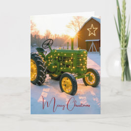 Tarjeta Festiva Christmas Lights On a Green Vintage Farm Tractor