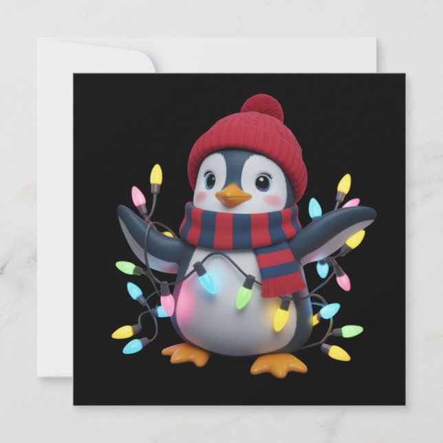 Tarjeta Festiva Christmas Lights Penguin Wearing Xmas Hat Penguins (Anverso)