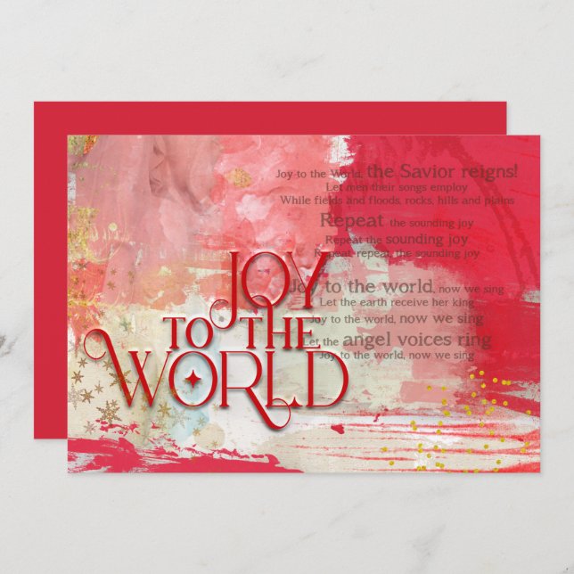 Tarjeta Festiva Christmas lyrics Joy To The World Red and Gold (Anverso / Reverso)