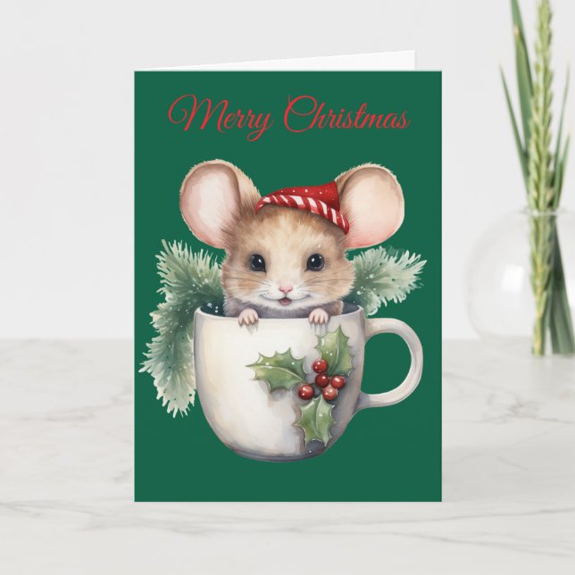 Tarjeta Festiva Christmas Mouse in Teacup (Anverso)