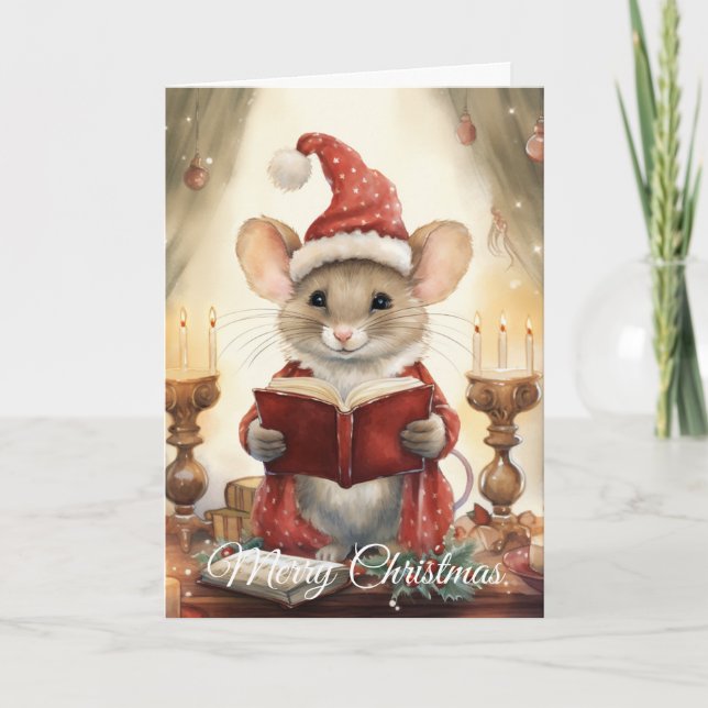 Tarjeta Festiva Christmas Mouse reading (Anverso)