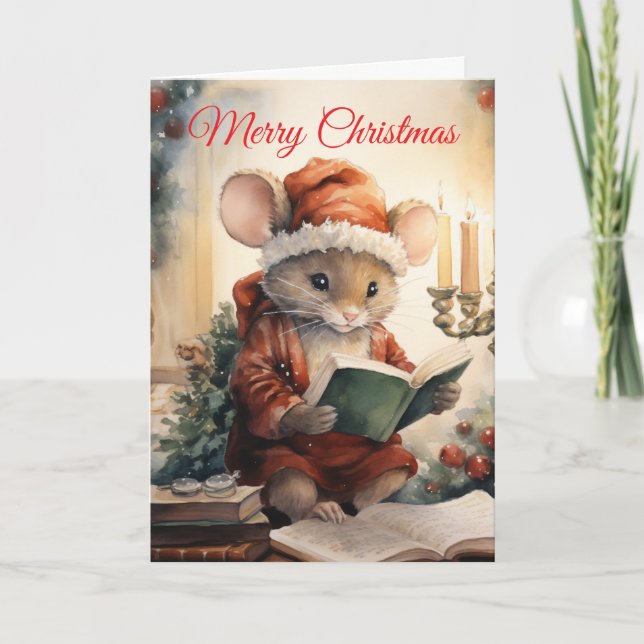 Tarjeta Festiva Christmas Mouse reading (Anverso)
