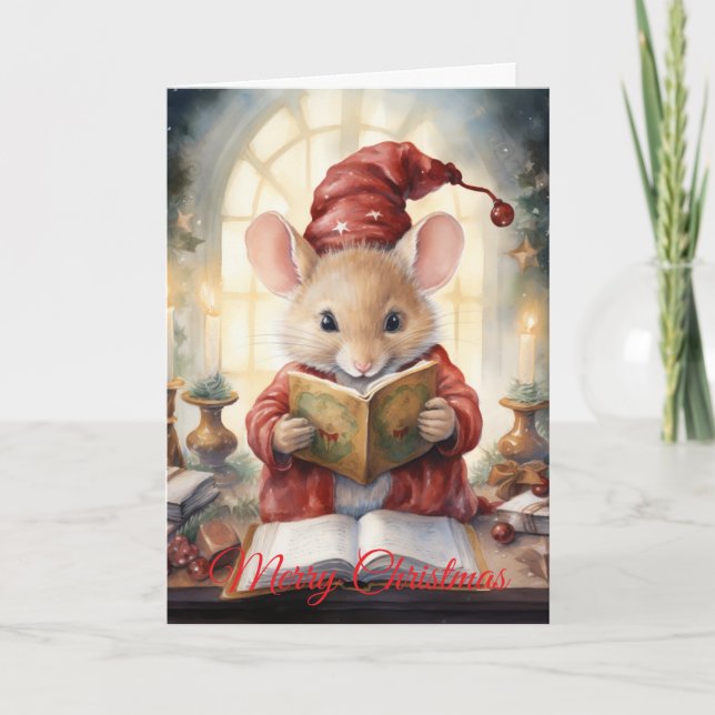 Tarjeta Festiva Christmas Mouse reading (Anverso)