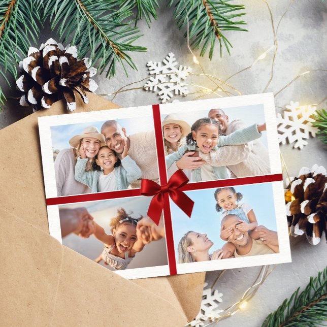 Tarjeta Festiva CHRISTMAS MULTI PHOTO modern gift red ribbon bow (Subido por el creador)