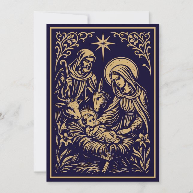Tarjeta Festiva Christmas Nativity in Retro Art Nouveau Woodcut (Anverso)
