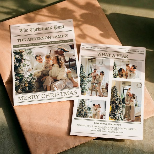 Tarjeta Festiva Christmas Newspaper Olive Green Photo What a Year (Subido por el creador)