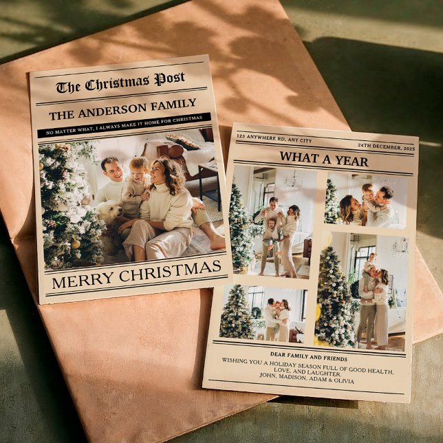Tarjeta Festiva Christmas Newspaper Warm Beige Photo What a Year (Subido por el creador)