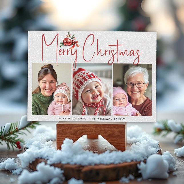 Tarjeta Festiva Christmas ornament and red bow three photo collage (Subido por el creador)