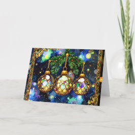 Tarjeta Festiva Christmas ornaments hanging from the tree branches