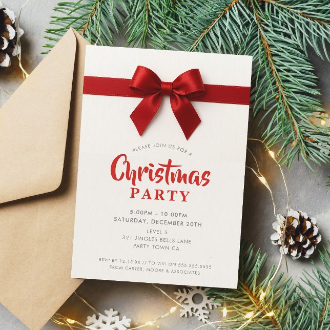 Tarjeta Festiva CHRISTMAS PARTY modern elegant red ribbon bow (Subido por el creador)