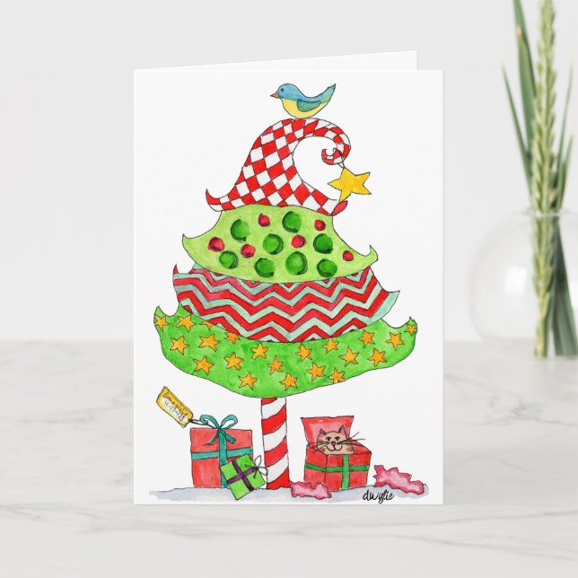 Tarjeta Festiva Christmas - Patchwork Tree Folded Holiday Card (Anverso)